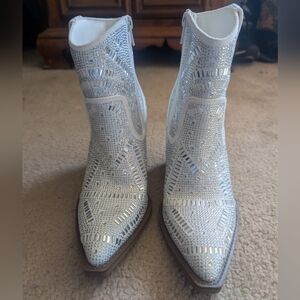 Embellished White Western Ankle Boots - Sparkling Rhinestone Detail